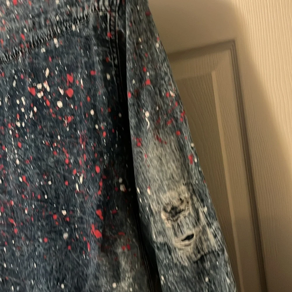 Carbon Distressed Blue Denim Mens Long Sleeve Button Down Paint Splatter Shirt